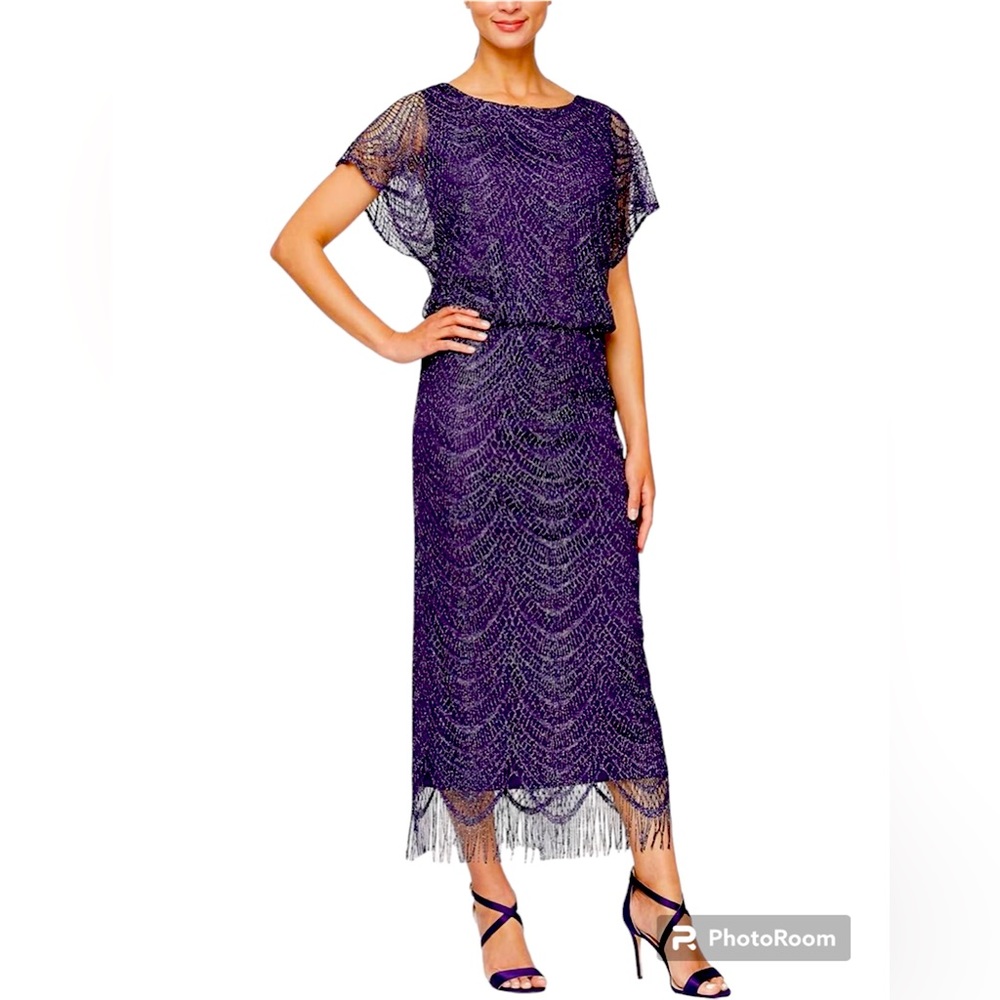 SLNY SL Fashions New York Lined Navy Silver Crochet Lace Dress Size 12 NWT